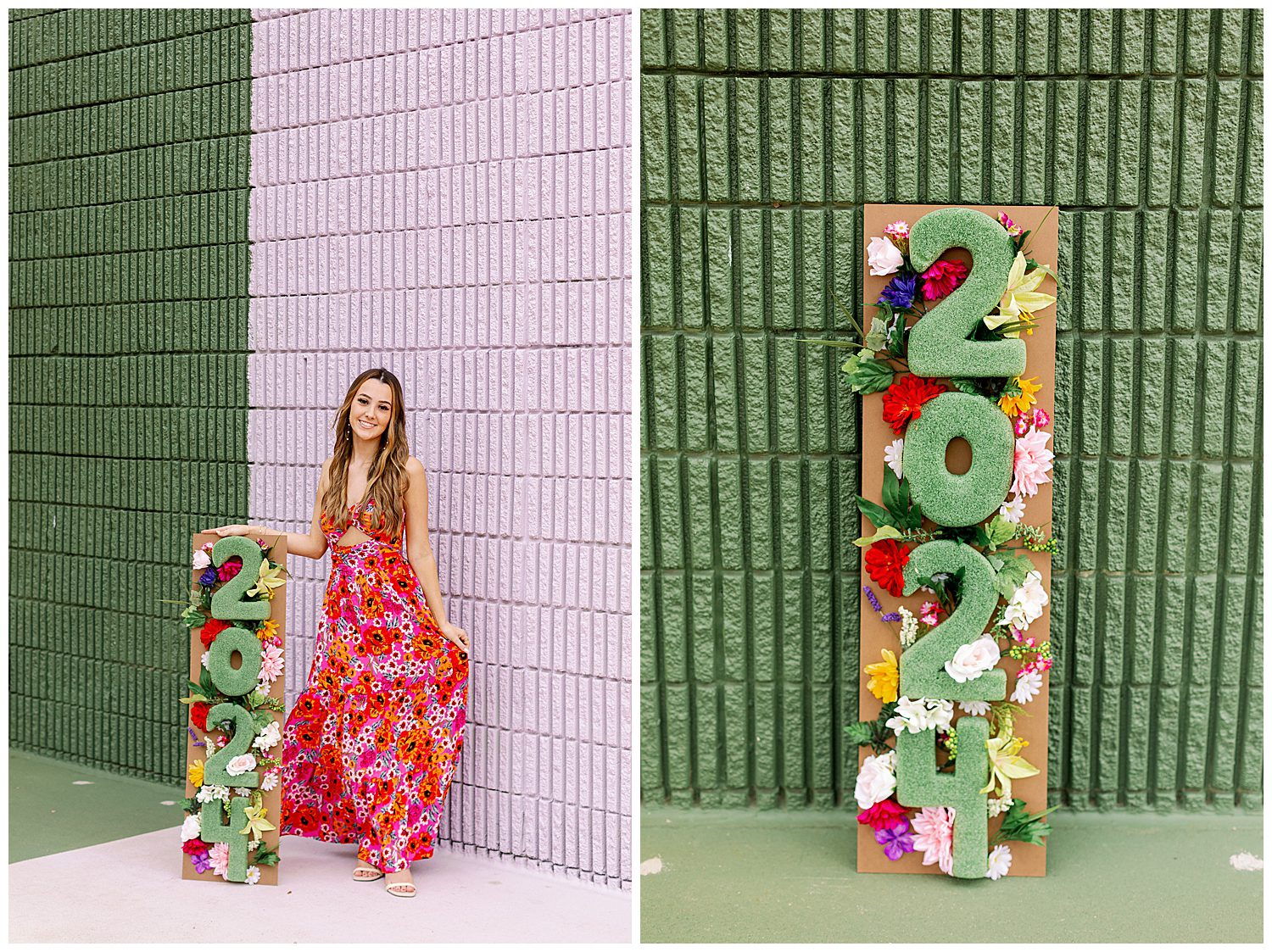 high school senior girl in floral dress holding a floral sign at Sugar and Cloth Color Wall in Houston