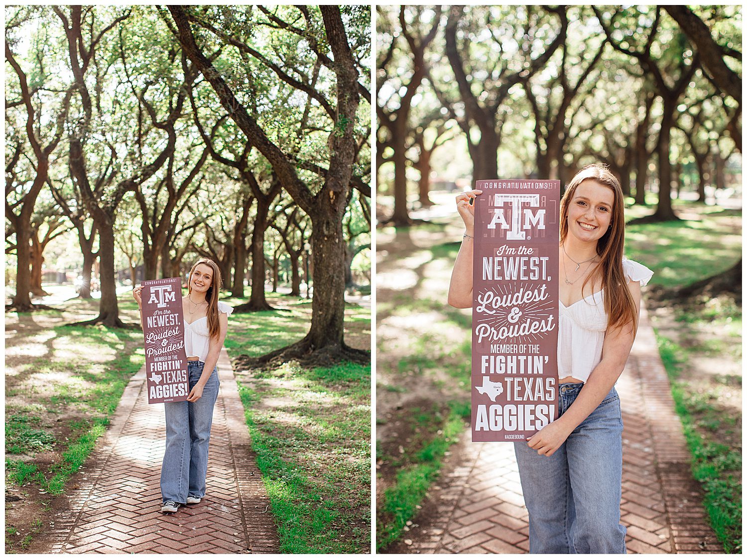 spring senior portraits Houston South Blvd with girl holding Texas Aggie sign in front of her jeans and white shirt