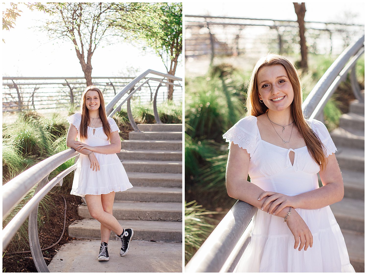 High school senior girl in black converse and white dress leaning on stair rail downtown Houston