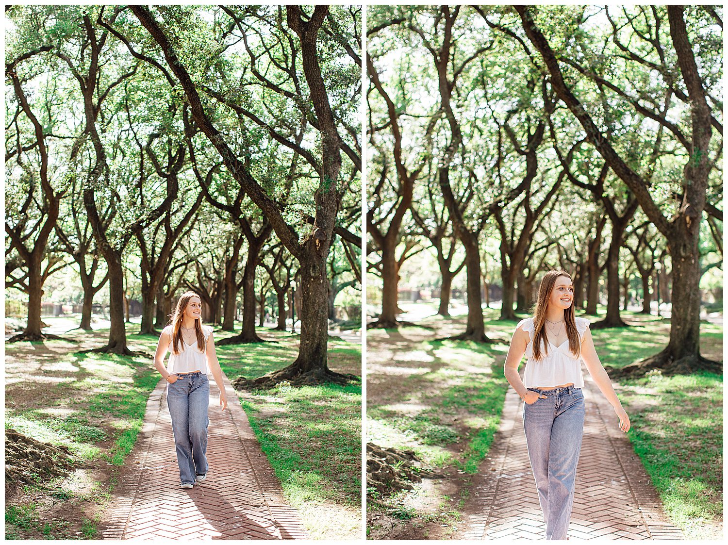 girl walking with hand in denim jeans and white shirt on sidewalk at North Blvd tree line Houston