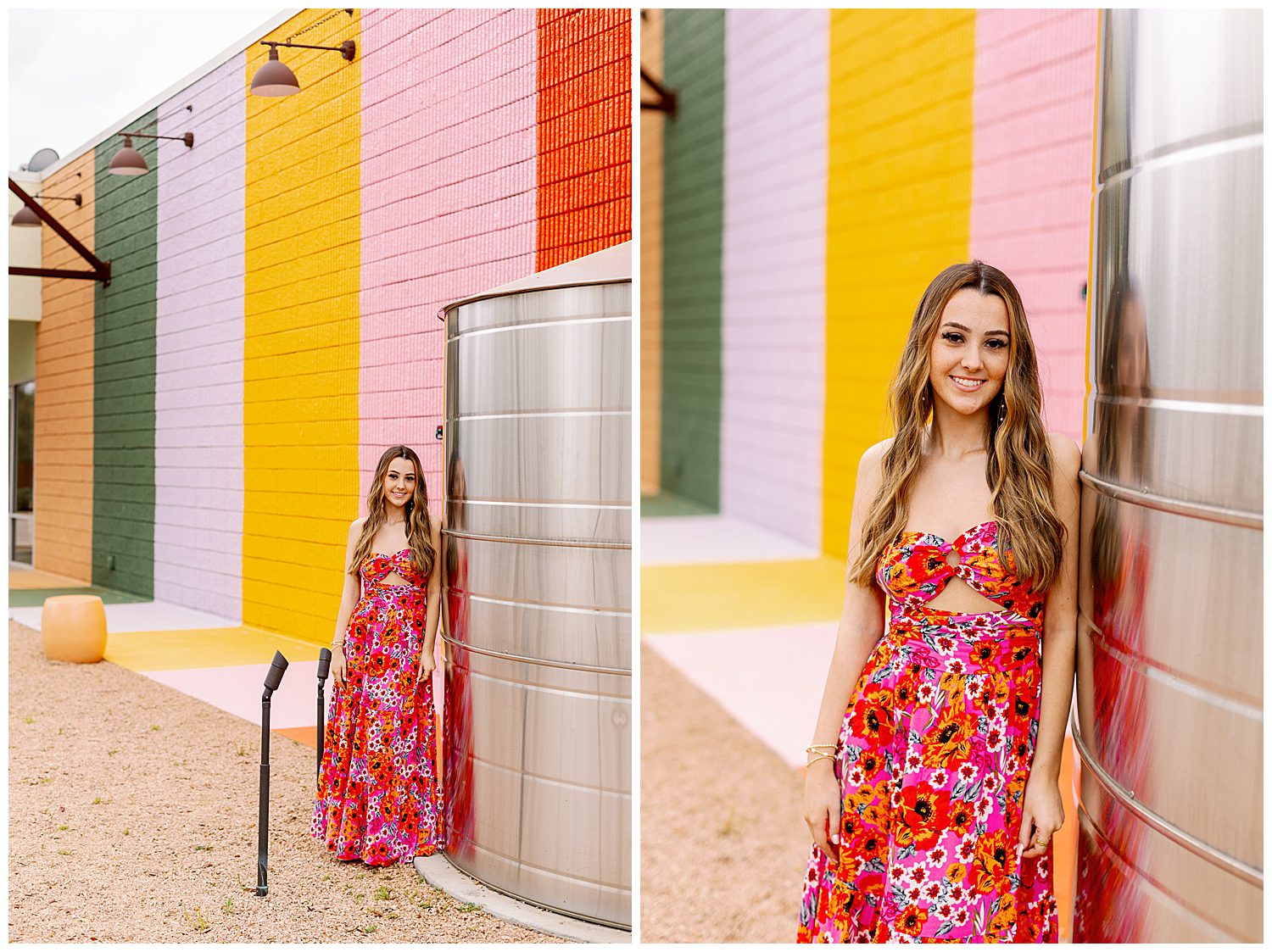 high school senior standing and leaning against a silo at sugar and cloth color wall portraits outdoors in Houston, Texas